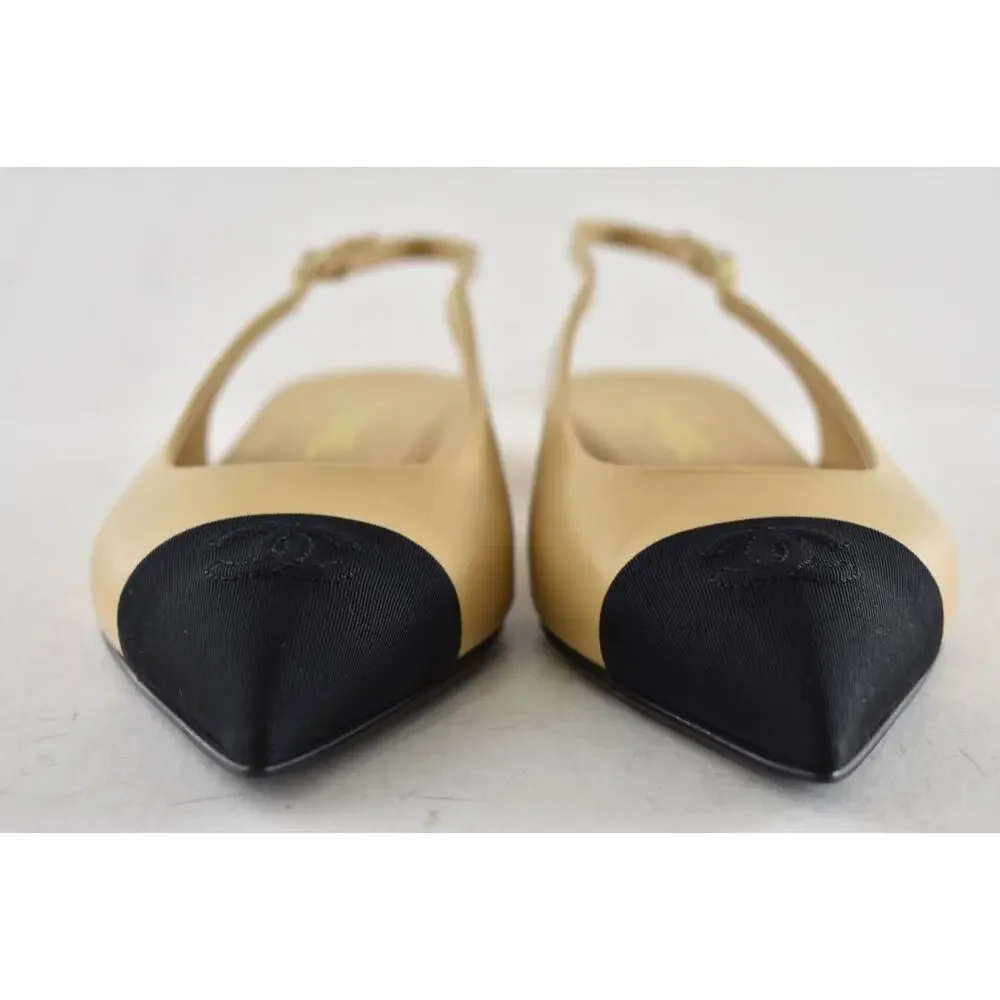 Chanel 24A Beige Leather Black CC Logo Coco Slingback Pointed Ballet Flat 38.5 - Picture 9 of 16